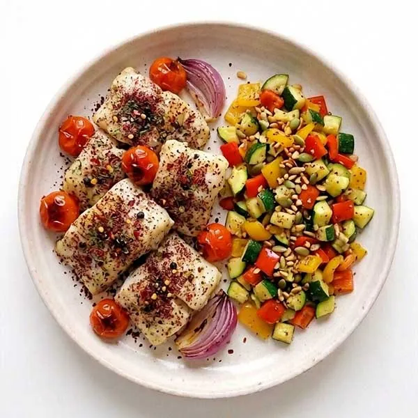 Sumac Baked Fish with Zucchini & Pepper Sauté